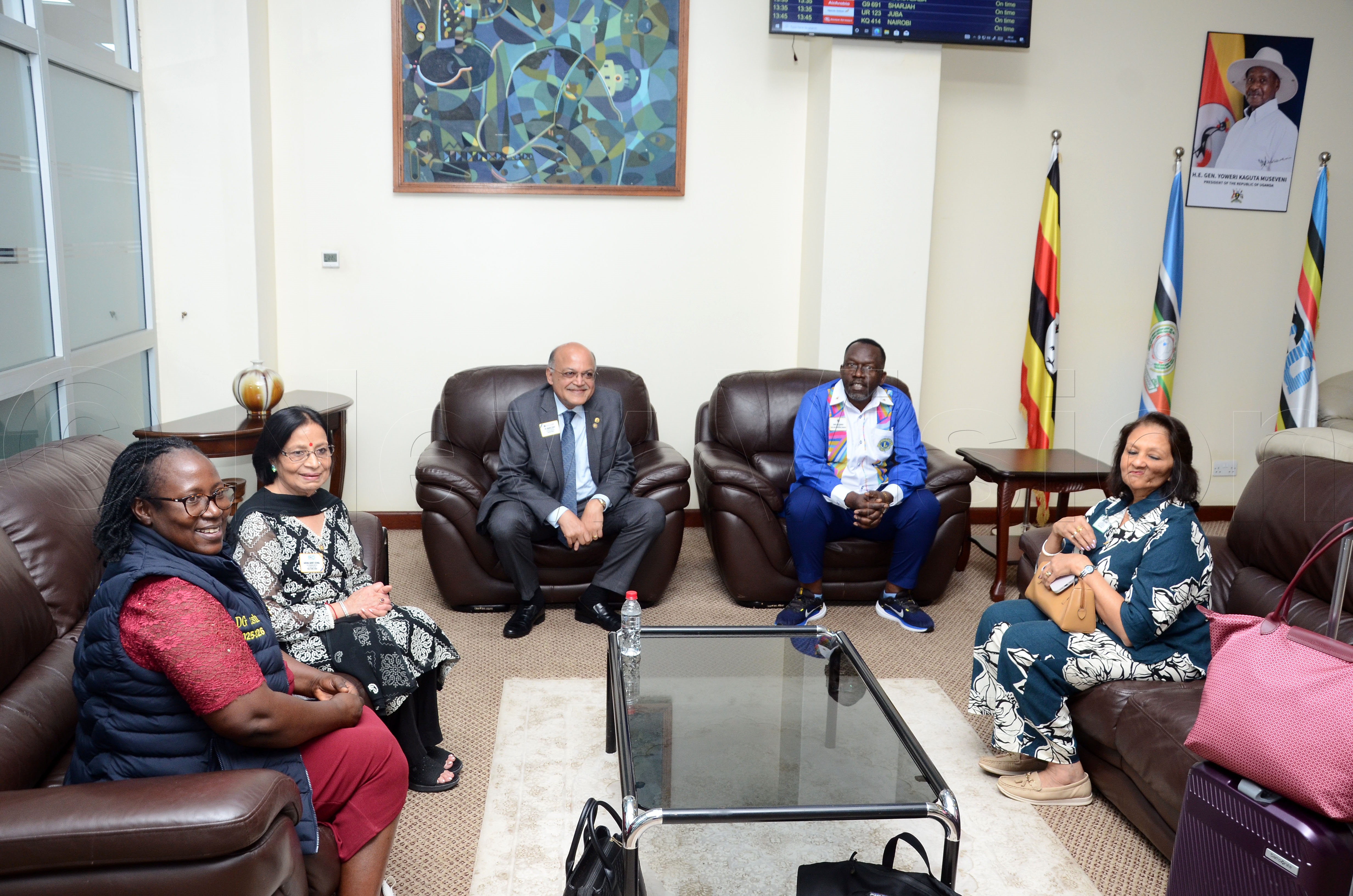 (L-R): District 411B Governor Allen Tush Naturinda and Aruna Oswal, a past international director of Lions Clubs International and other club members at Entebbe International Airport. Oswal is in Uganda for a one-day visit and is expected to strengthen humanitarian partnerships and assess ongoing community projects. This was on May 6, 2026. (Photo by Lawrence Mulondo)