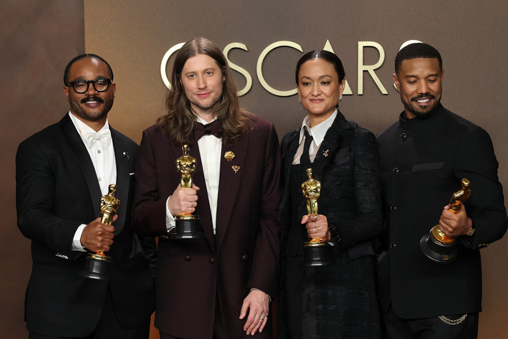 (L/R) US director Ryan Coogler, Oscar winner for Best Writing (Original Screenplay) for "Sinners," Swedish composer Ludwig Goransson, Oscar winner for Best Music (Original Score) for "Sinners,"  US cinematographer Autumn Durald Arkapaw, Oscar winner for Best Cinematography for "Sinners," and US actor Michael B. Jordan, Oscar winner for Best Actor in a Leading Role for "Sinners," pose in the press room during the 98th Annual Academy Awards at the Dolby Theatre in Hollywood, California on March 15, 2026. (Credit: AFP)
