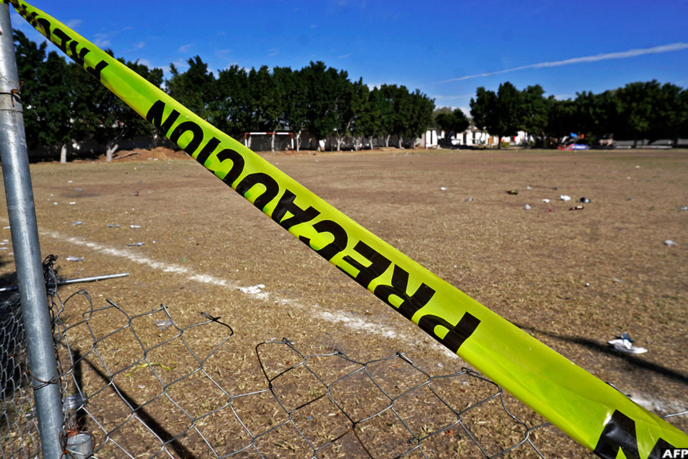 A 'caution' tape surrounds the football field where the deadly attack happened in Salamanca in Mexico's Guanajuato state