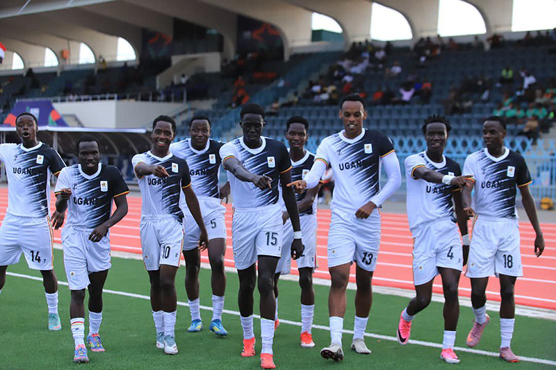 Uganda Hippos players celebrating after substitute Amour Munogera scored Uganda's lone goal against Sudan. (Courtesy Photos)