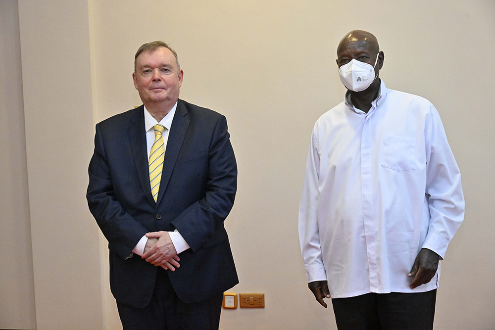 President Museveni Yoweri Kaguta Museveni (right) meets the Russian Federation Ambassador to Uganda H.E. Vladlen Semivolos (left) at State House Entebbe on October 8, 2025. (Photo by PPU/Tony Rujuta)