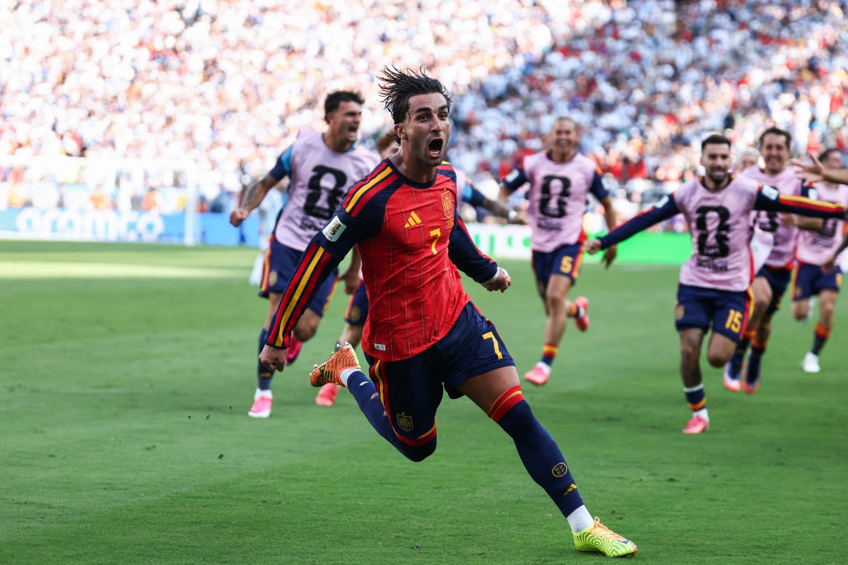 Spain's Ferran Torres celebrates scoring the only goal of the final. (Photo by FRANCK FIFE / AFP)