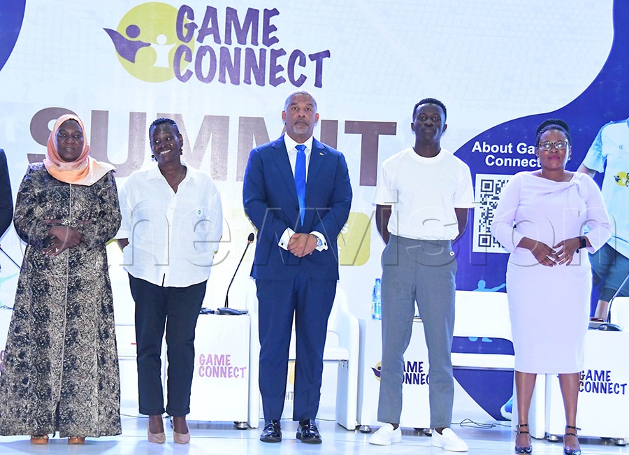 William Blick (centre), proprietor of Game Connect, deliberates at the program's summit at Hotel Africana on April 9, 2026. To his left are Dr. Hasfa Lukwata from the Ministry of Health and Dr. Rita Larok, programs officer at AVSI. To his right are Rebecca Namakula from the Ministry of Education and Sports and IOC Youth Ambassador Ambrose Otim. Photo: Silvano Kibuuka