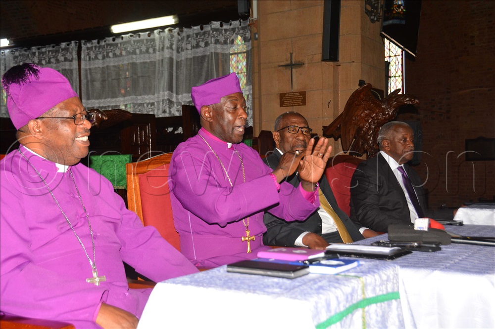 Left to right; Kigezi Diocese Bishop Gad Akanjune, Archbishop of Church of Uganda Dr Samuel Kazimba, the former Prime Ministers Dr.Ruhakana Rugunda and Amama Mbabazi addressing a press conference at Namirembe Cathedral in Kampala on July 24, 2025. 