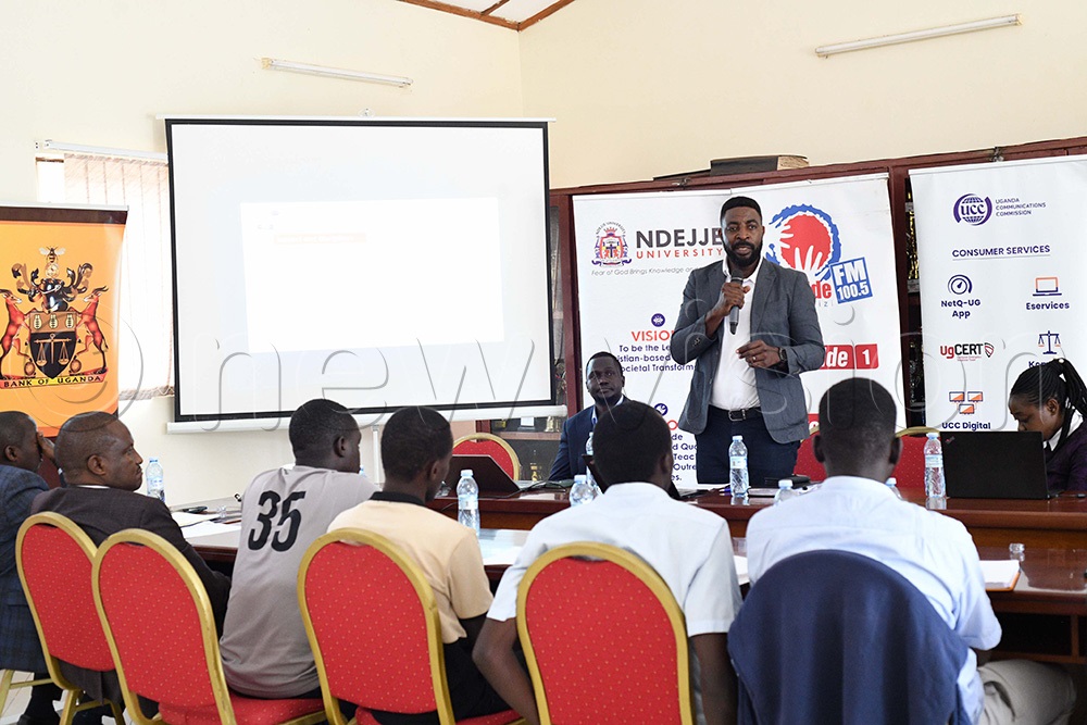 Emmanuel Muyomba, the Manager regional offices at UCC, orients Ndejje University students ahead of the Ultimate University Quiz Challenge. (Photo by Maria Wamala)