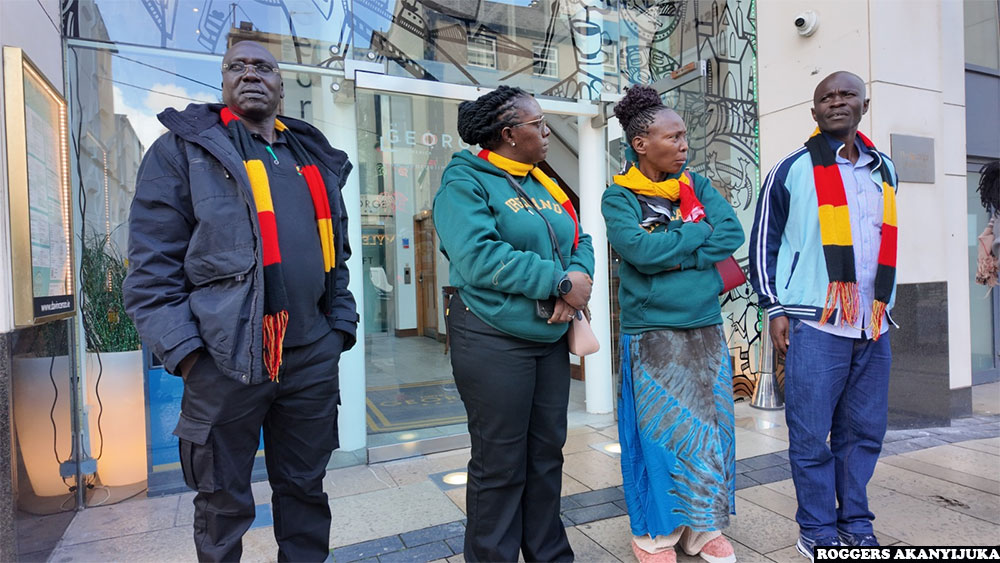From the left, John Eremu of the New Vision Foundation, Angella Athieno from the Embassy of Ireland in Uganda, and teachers Florence Nabasumba and Morris Wamuwaya standing in front of George Hotel after checking in