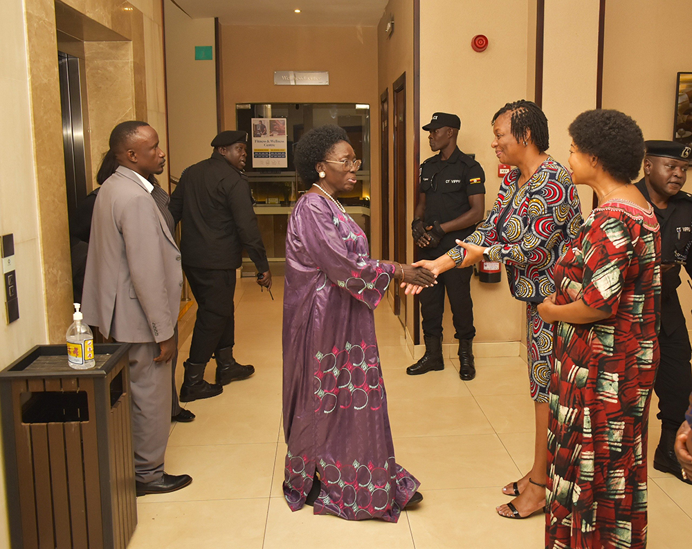 Kadaga greets UN Women country director at Golden Tulip Hotel during the FOWODE conference.