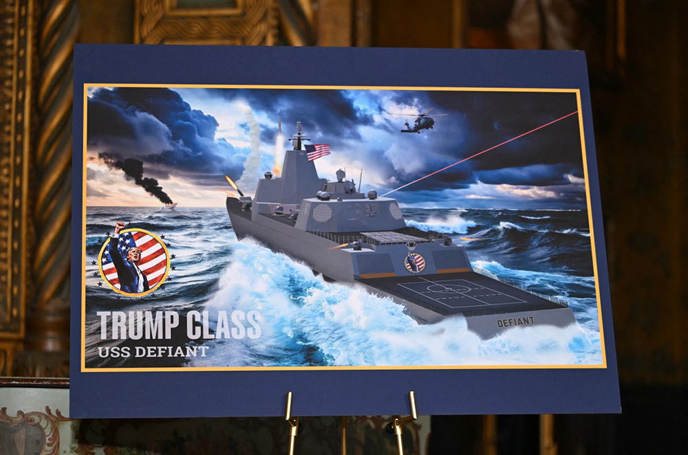 A concept rendering of the proposed Trump class USS Defiant is displayed as US President Donald Trump announces the US Navy&rsquo;s new Golden Fleet initiative, unveiling plans for a new class of warships at Mar-a-Lago in Palm Beach, Florida, on December 22, 2025. (Photo by ANDREW CABALLERO-REYNOLDS / AFP)
