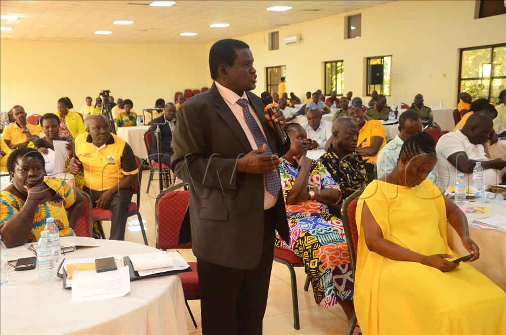 MP Johnson Kezekiya Nyeko speaking during a meeting with NRM top leaders in the Acholi sub-region, mobilising for LC elections.
