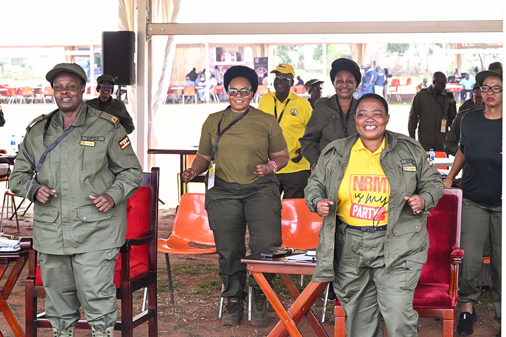 (L-R) Vice President Jesca Alupo, Persis Namuganza and Premier Nabbanja and other ministers going through a session of drills during a cabinet retreat at Kyankwanzi on Monday. (PPU Photo)