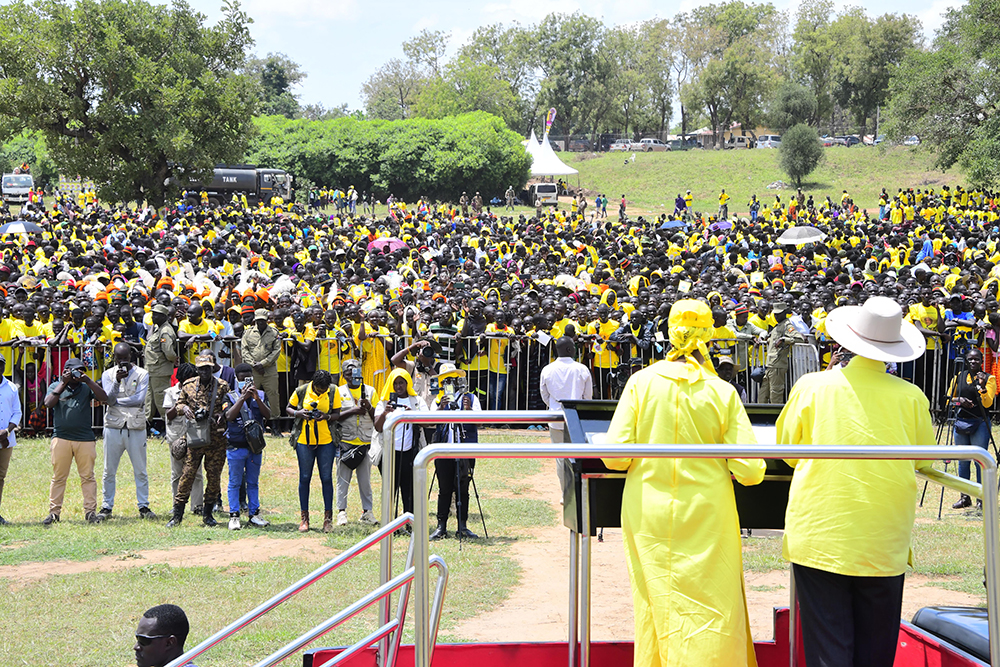 President Museveni with the First Lady and Minister of Education and Sports, Maama Janet Museveni, while addressing the rally in Nakapiripirit. (PPU)