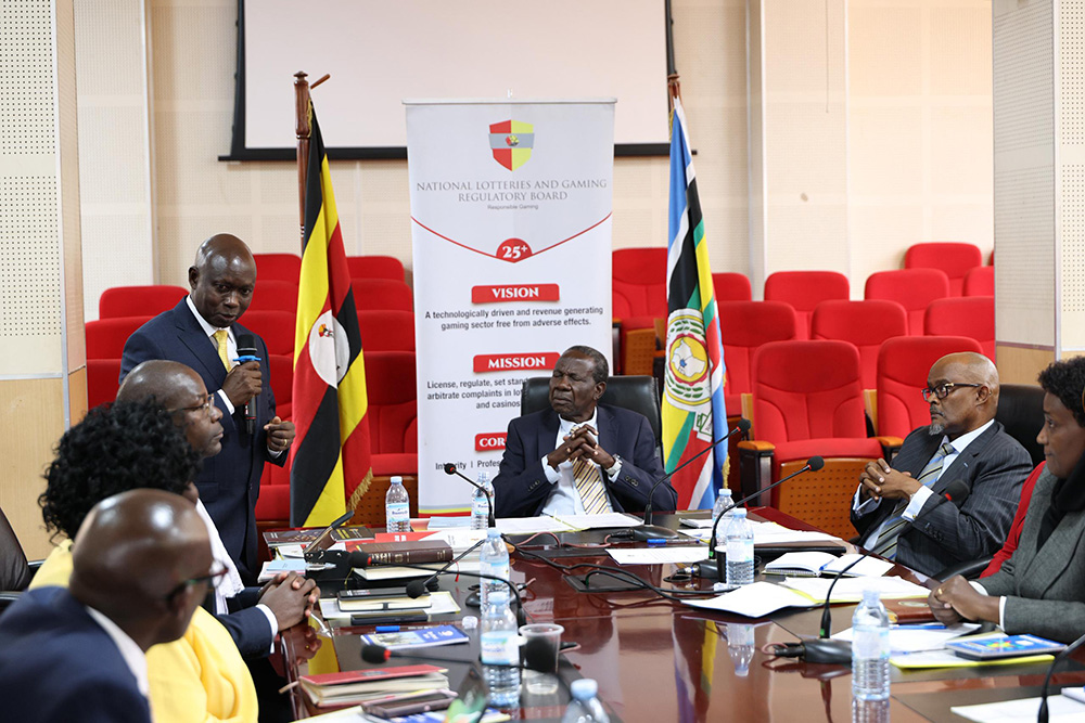 Aloysius Mugasa Adyeri, the outgoing chairperson of the Board of the National Lotteries and Gaming Regulatory Board (NLGRB), speaking during the handover. (Credit: NLGRB)