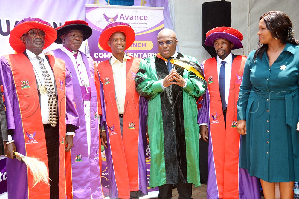 The King of Buruuli Kingdom Isasabaruli Isabaarongo (left) poses for a group photo with the state minister of defence Grace Akifeza Ngabirano ( right), Chancellor Bishop James William Ssebagala (second left), Dr Justus Arinaitwe (third left), and Dr Gracious Ariyo (third right) during Avance International University's fifth graduation ceremony at the campus in Nabweru, Wakiso District, on Friday, September 25, 2026. (Photo by Francis Emorut)