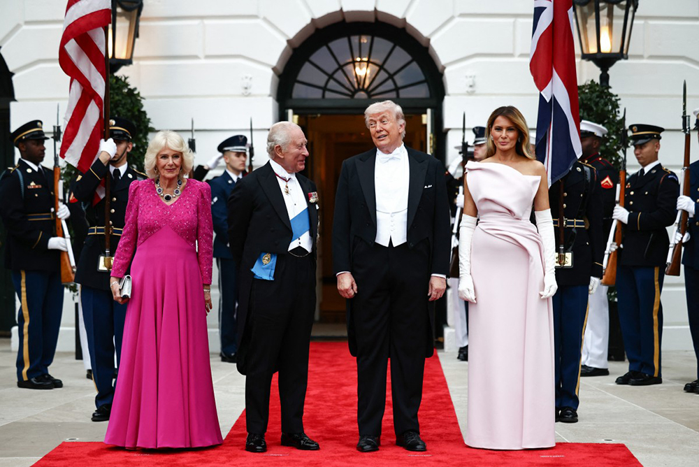 US President Donald Trump and First Lady Melania Trump pose with Britain's King Charles III and Queen Camilla ahead of a State Dinner in the East Room of the White House in Washington, DC, on April 28, 2026. (AFP)
