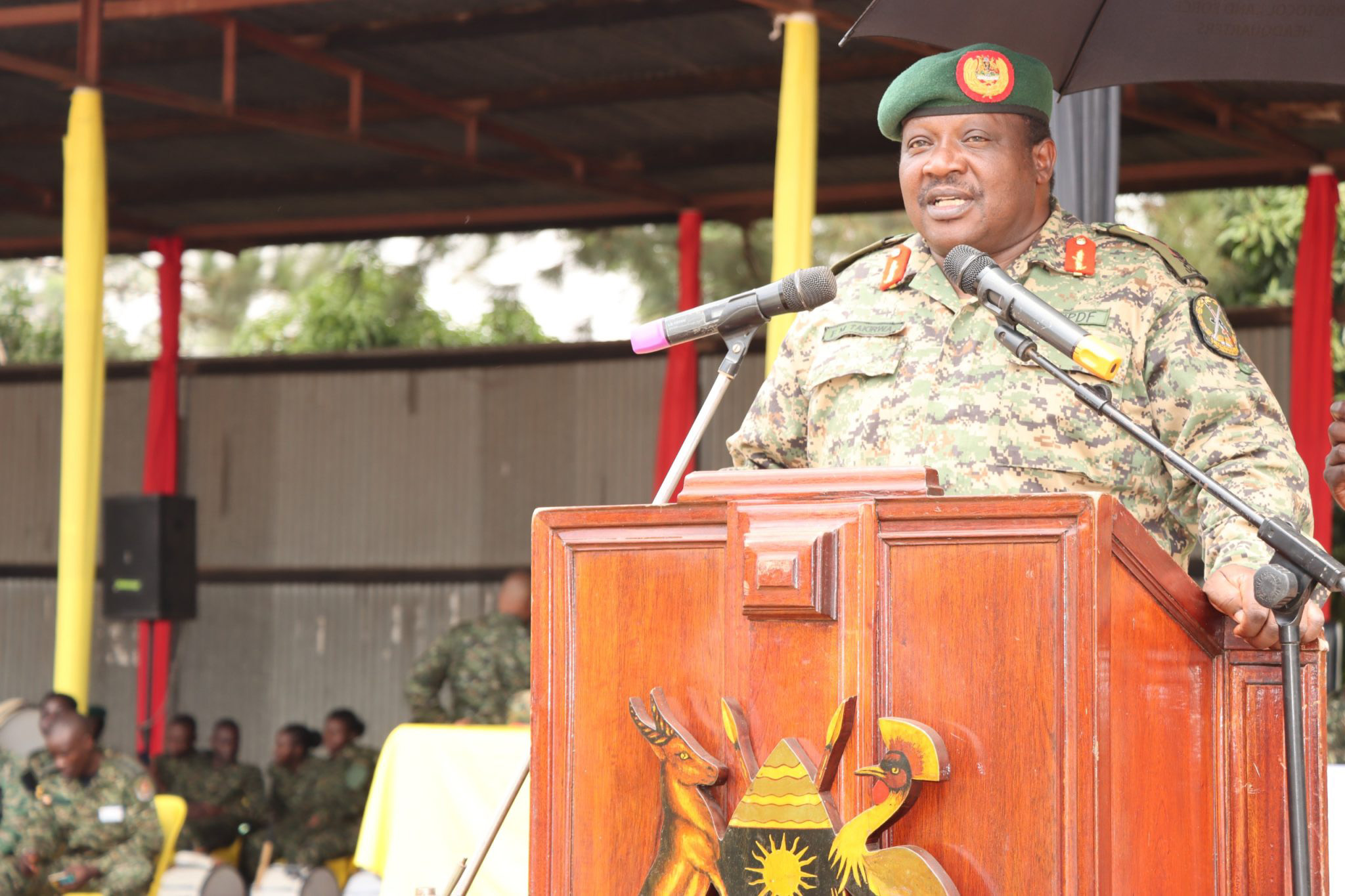 Deputy Commander Land Forces Maj. Gen. Francis Takirwa speaking to the retirees during the discharge of junior officers and other ranks at Bombo barracks. (Credit: UPDF)
