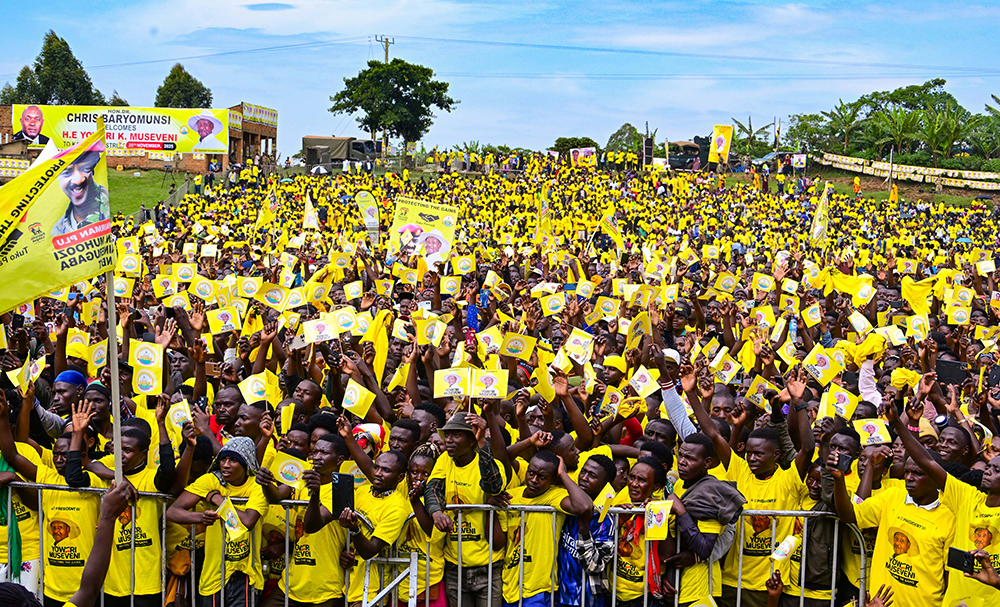 NRM supporters express their support for President Museveni and the NRM party during a presidential campaign rally at Rwere play grounds, Kirima sub-county, Kinkinzi East County in Kanungu district on Wednesday, Nov. 26, 2025. (PPU)