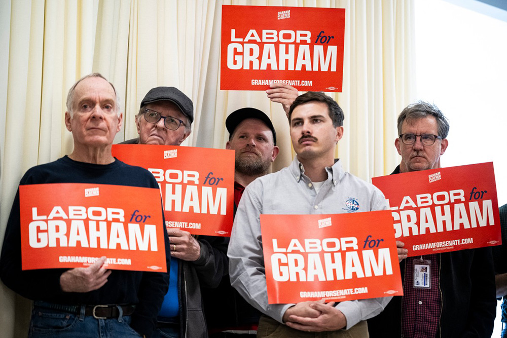 Union workers during a Graham Platter for Senate campaign event with the Maine AFL-CIO, on May 1, 2026 in Portland, Maine. (Photo by Graeme Sloan/Getty Images/AFP)
