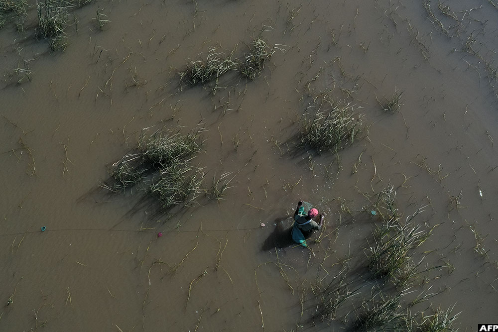 This aerial view shows a man fishing in floodwater in the middle of crops and a sugarcane field near the town of 3 De Fevereiro in Mozambique on January 27, 2026. (AFP)