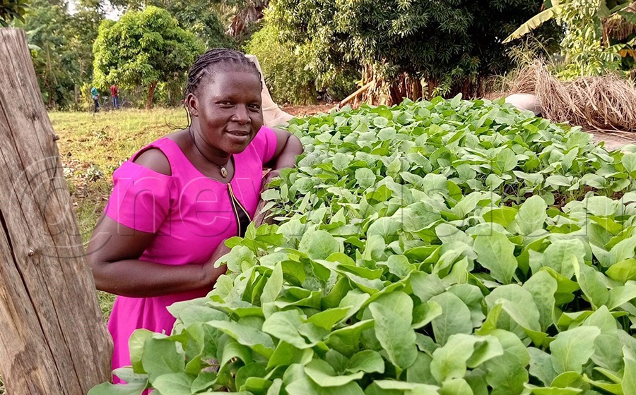 Ajwang with some of the vegetables she sells to earn money, which she invests in her agro-input shop and also saves