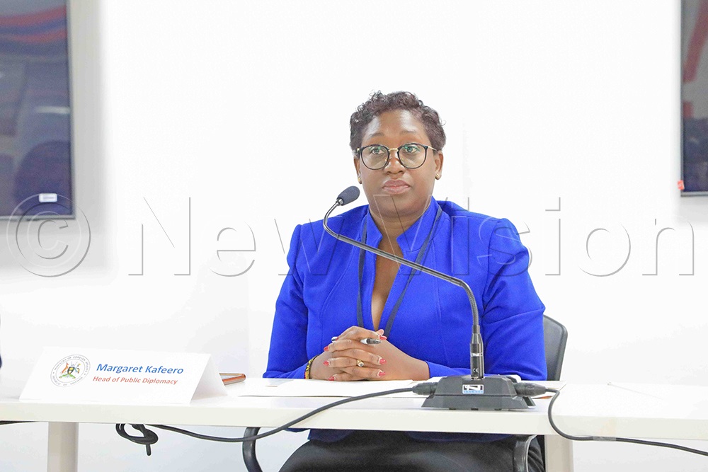 Margaret Kafeero, Head of Public Diplomacy at the Ministry of Foreign Affairs, addressing the media on Thursday, Feb. 5, 2026, at the embassy house in Kampala. (Photo by David Lukiiza)