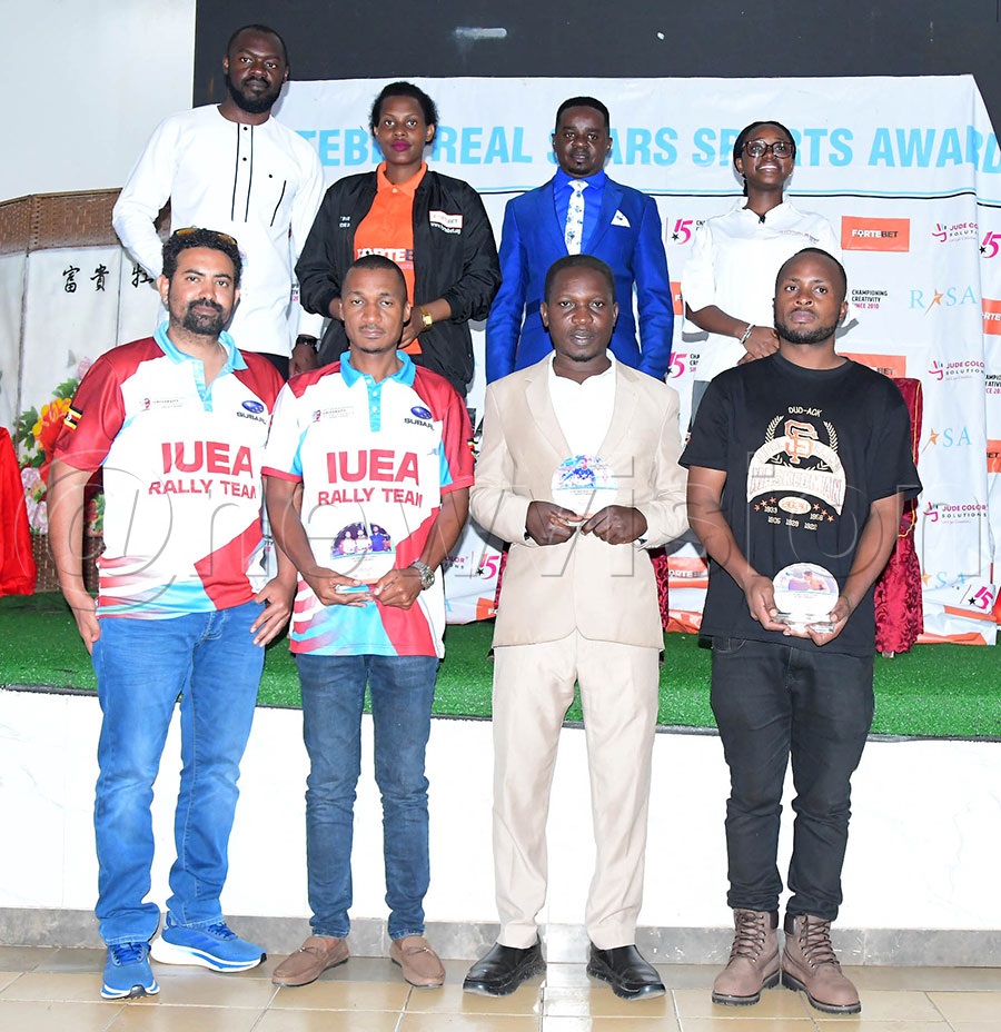Fortebet winners and their representatives line up with sponsors of the Fortebet Real Stars Awards at the March ceremony held at Nanjing Restaurant in Kololo on April 7, 2026. Photo: Silvano Kibuuka