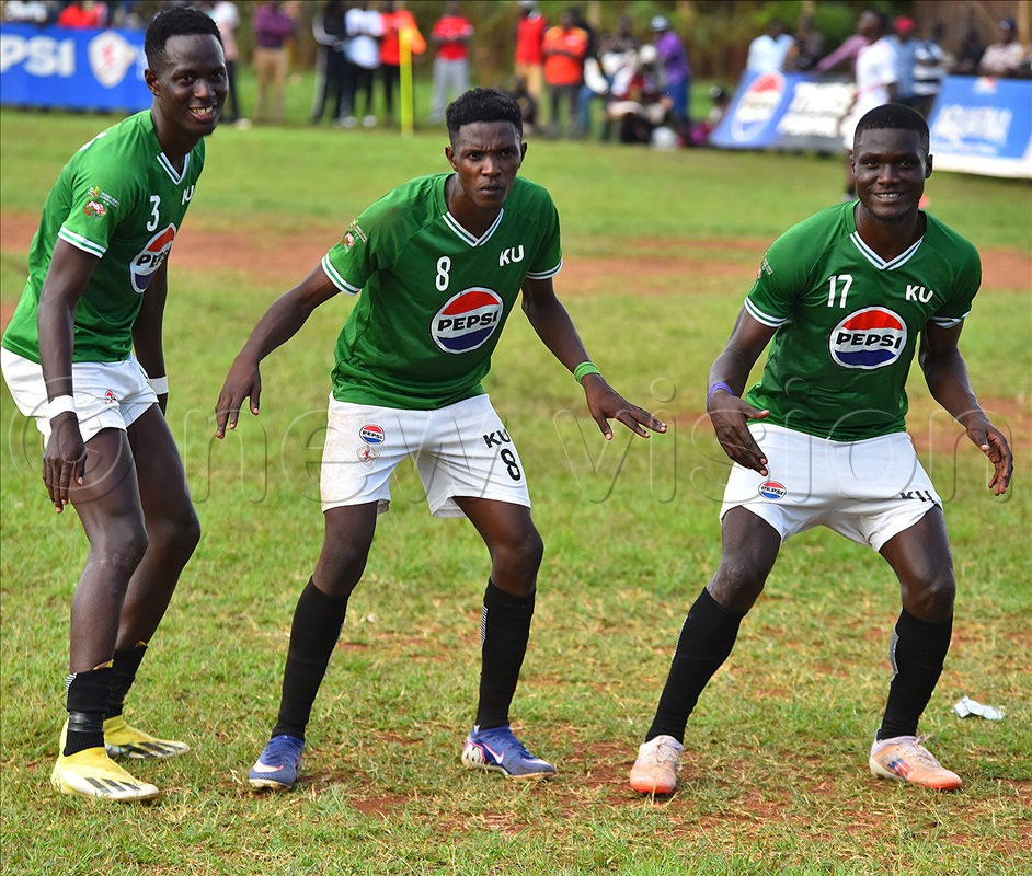 KU's Gideon Nsubuga (shirt 8) celebrates his goal with teammates Gilbert Wanume (shirt 17) and Joel Mulwana (shirt 3) during the first leg. 