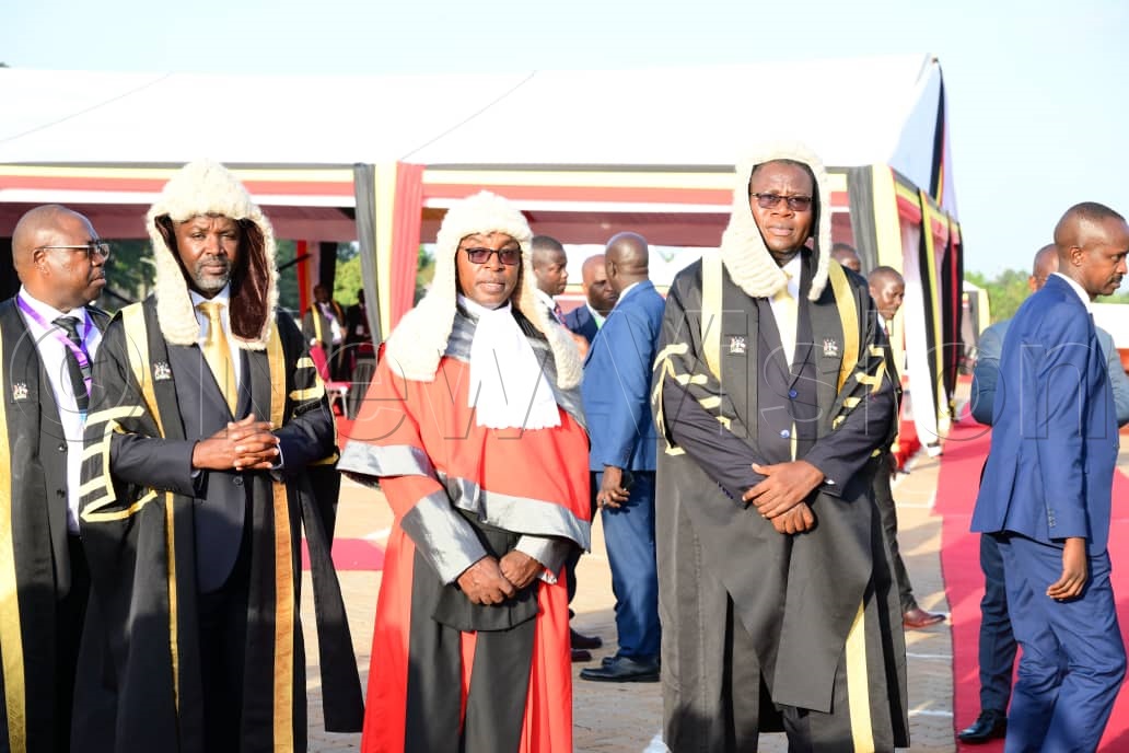 L-R: Deputy Speaker of Parliament, Thomas Tayebwa, Chief Justice Flavian Zeija, Speaker of Parliament. (Credit: Ponsiano Nsimbi)
