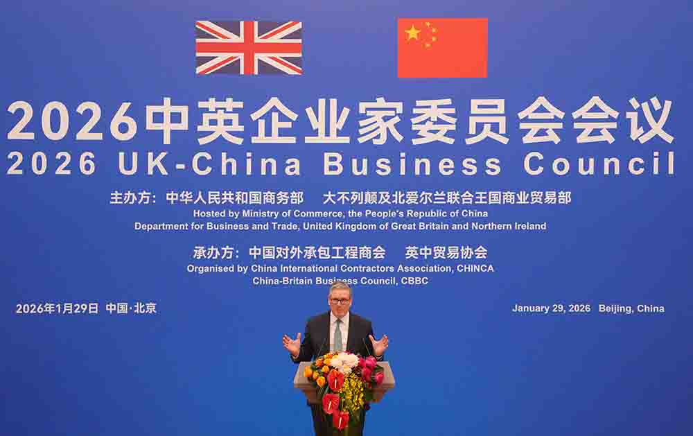 Britain's Prime Minister Keir Starmer speaks during the 2026 UK-China Business Council held at the Great Hall of the People in Beijing on January 29, 2026. Chinese President Xi Jinping told Starmer their countries must "strengthen" ties to counter geopolitical headwinds, as the leaders met in Beijing on January 29. (Credit: AFP)