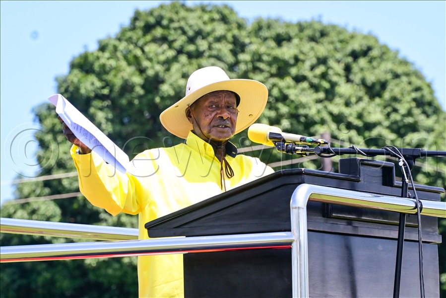 NRM presidential flagbearer President Yoweri Museveni addressing his supporters during a campaign rally at BKC Demo Primary School grounds in Ngora district on Tuesday, November 4. (Credit: PPU)