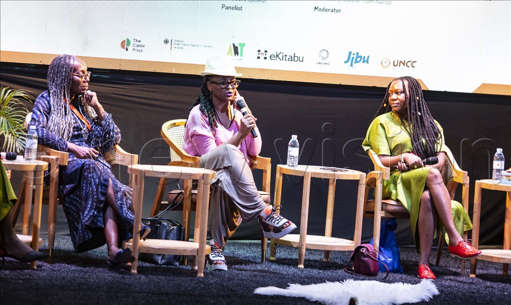 Ama Dadson, Chika Unigwe, and Mirrianne Mahn, at the Kampala Writes LitFest, National Theatre, on Saturday. Right is Beatrice Lamwka