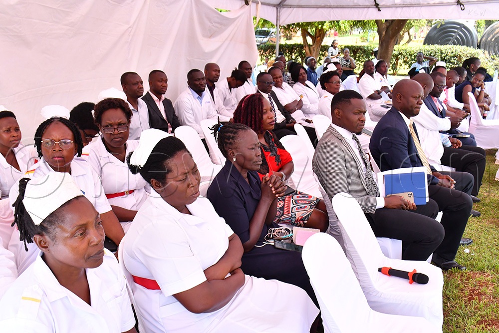 Some of the health workers at the hand over event of medical equipment worth sh10 billion to Jinja Regional Referral Hospital on Friday February 13th. (Credit: Donald Kiirya)