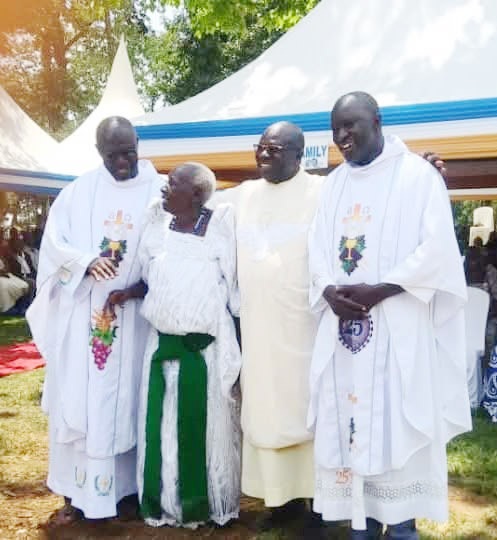 Nyafwono with her three sons who are priests: Fr Matthew Bernard Mary Okoth, Fr Andrew Onyango and Fr Emmanuel Omollo. (Courtesy)