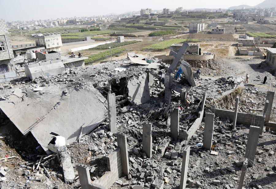 This photo taken on April 7, 2025 shows a house destroyed by U.S. airstrikes in Sanaa, Yemen. (Photo by Mohammed Mohammed/Xinhua)