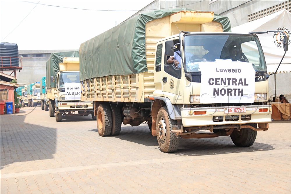 Trucks set off during dispatch of first batch of voting materials at the commission&rsquo;s warehouse in Ntinda, a Kampala suburb, on Thursday, January 8, 2026. 