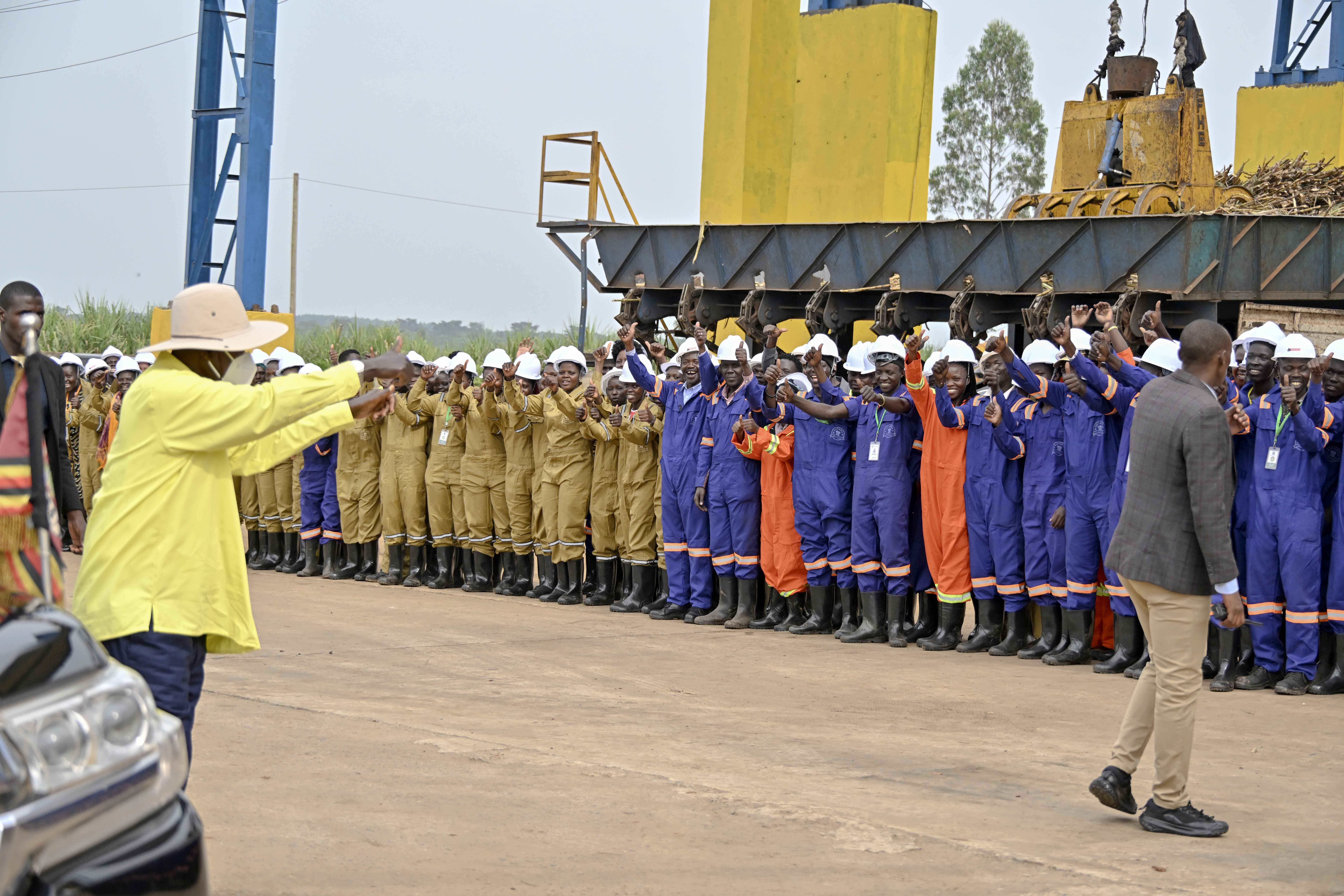 President Yoweri Kaguta Museveni being welcomed by the staff at the official inauguration of Victoria Sugar Limited, Luwero Factory on December 30, 2025. 