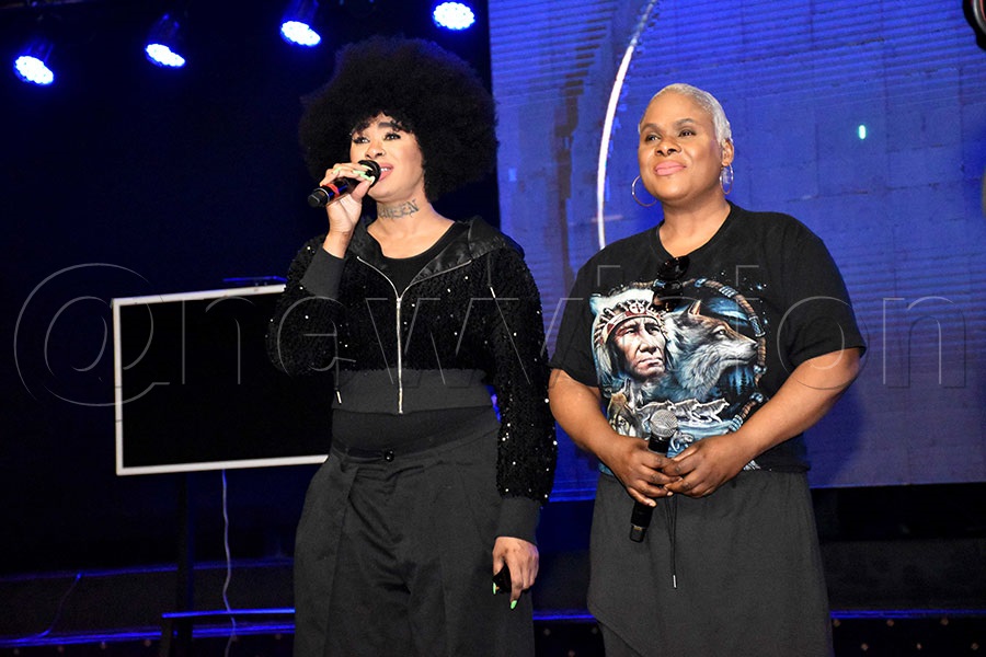 Natalie Makoma addressing believers at Miracle Centre Cathedral as Pengani Makoma looks on. Photo by Simon Peter Tumwine
