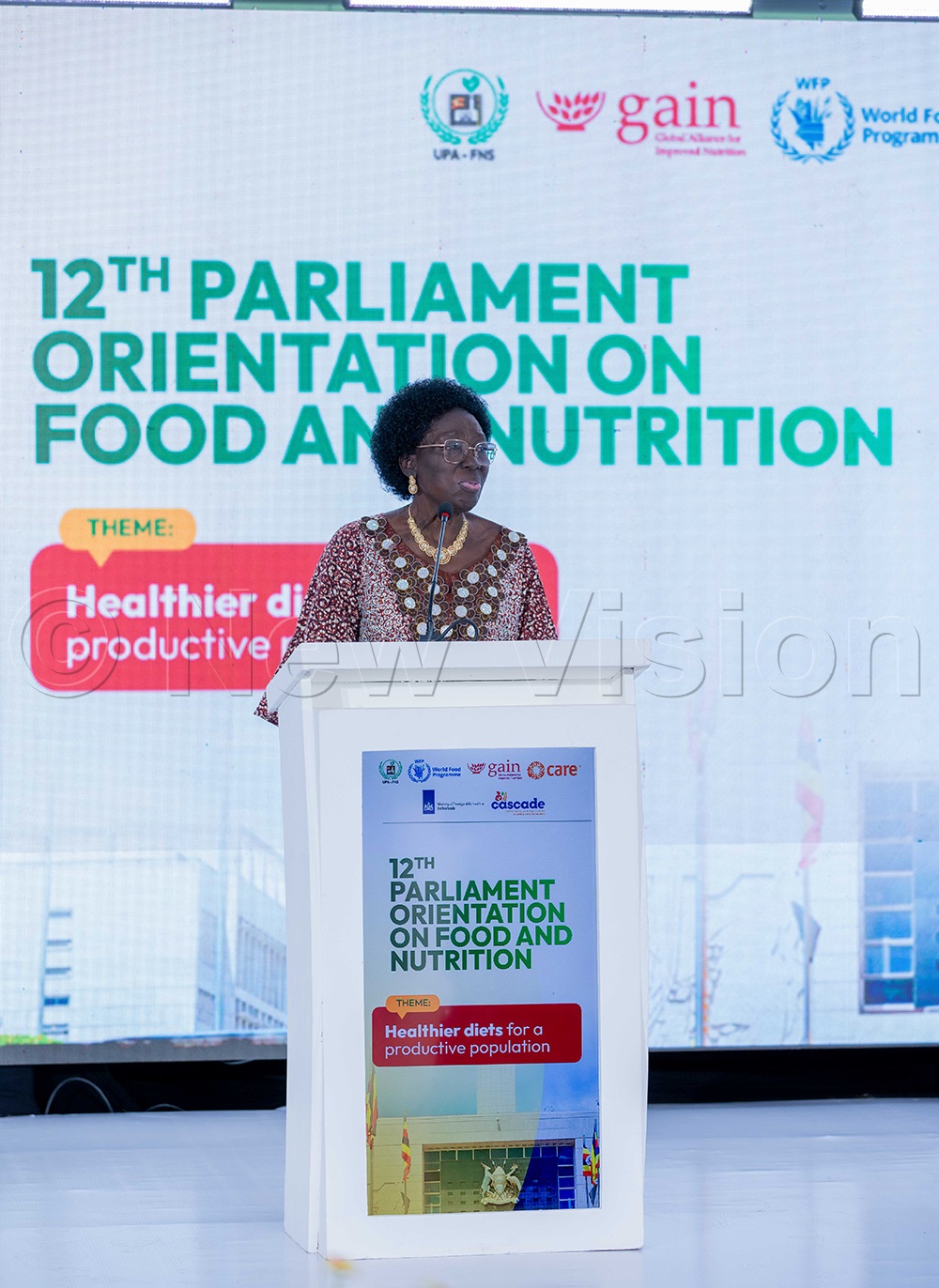 First Deputy Prime Minister Rebecca Kadaga delivers a speech during the 12th Parliament Orientation on Food and Nutrition Security. (Credit: Racheal Nankya)