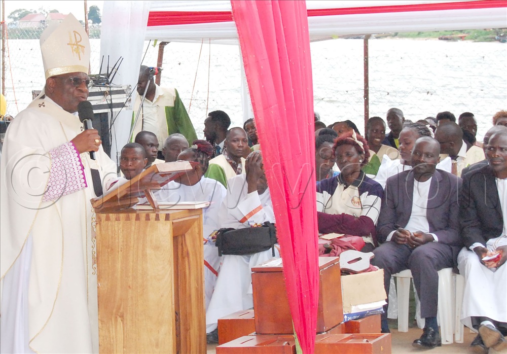 Archbishop Paul Ssemogerere delivers his homily during the Pontifical mass of the commemoration of the 147 th anniversary of the advent of  the pioneer missionaries  in Uganda at Mapeera Memorial church, Kigungu Landing Site, in Entebbe Municipality on Tuesday, February 17, 2026. 