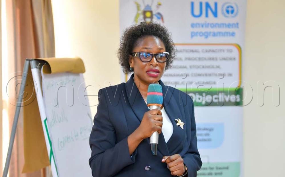 Maureen Anino, Water ministry Assistant Commissioner in the Department of Environment Sector Support Services addressing stakeholders about guidelines during a workshop at Esella Country Hotel in Najjera Kira. (Credit: Juliet Kasirye)