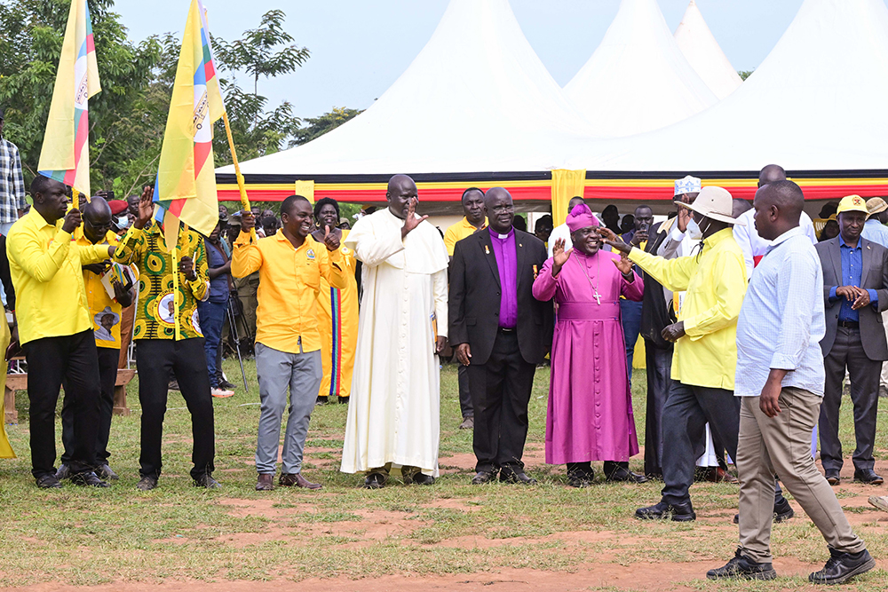 President Museveni waves to religious leaders and NRM flagbearers in Pallisa district during a campaign rally in Agule, Pallisa, on Wednesday. (PPU Photo)