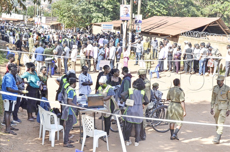 Voters in long queues at Kikoni polling station in Kampala during presidential elections on 15 Jan 2026. (Credit: Ronnie Kijjambu)