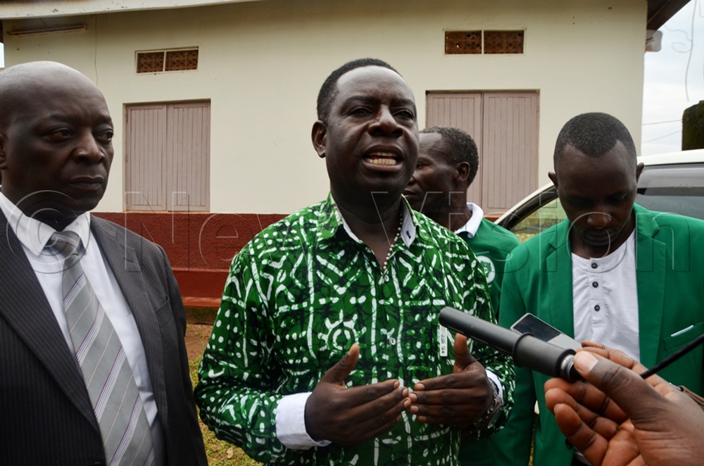 DP Mayoral race candidate for Nyendo-Mukugwe Division in Masaka City, Denis Majwala, addressing journalists at the EC nomination centre, Sazza in Masaka City. (Photo by Dismus Buregyeya)