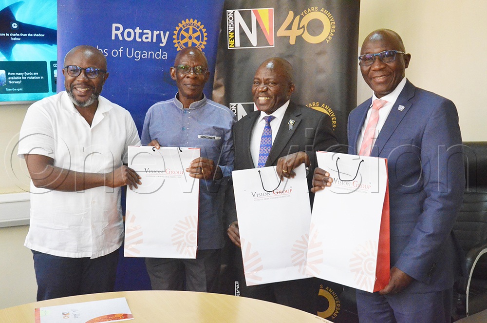 From left: Vision Group Chief Executive Officer Don Wanyama presents gifts to Rotary Cancer Run Executive Director Nelson Kabwami, Rotary District 9214 Governor Daniel Mukasa Ddamulira and Rotary Cancer Run Board Chairperson Stephen Mwanje during a meeting at Vision Group’s head offices in Industrial Area, Kampala, on Wednesday, September 23, 2026. (Photo by Isaac Nuwagaba).
