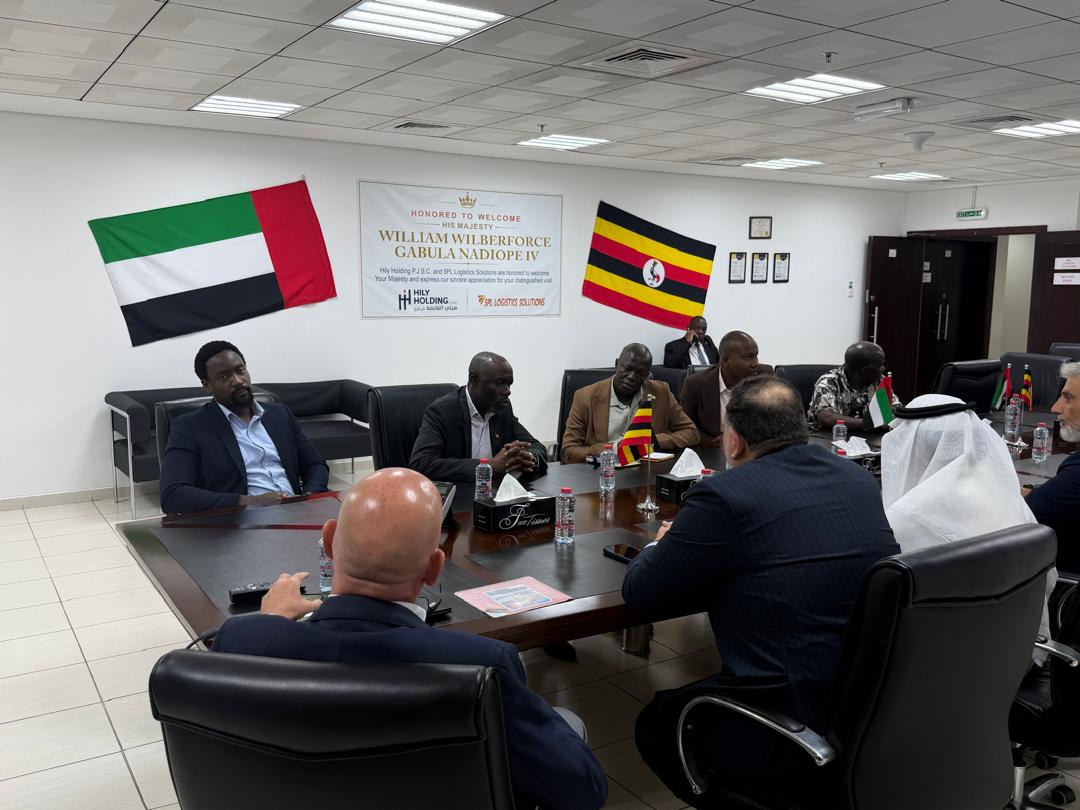 Kyabazinga of Busoga William Gabula Nadiope IV (seated left) and Uganda's Ambassador in UAE Zaake Wanume Kibedi in a meeting with propriators of 5PL Logistics Solutions in Abu Dhabi on September 28th. Courtesy Photo.