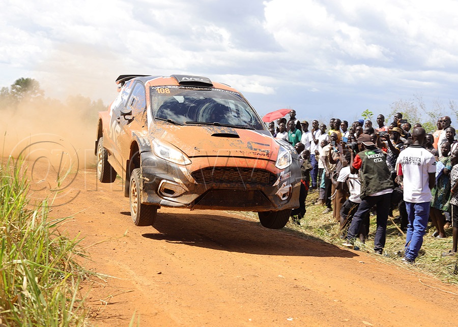 Moses Lumala powers his Ford Fiesta Proto over a jump during the stages of the KCB Gulu Rally 2026 in Gulu