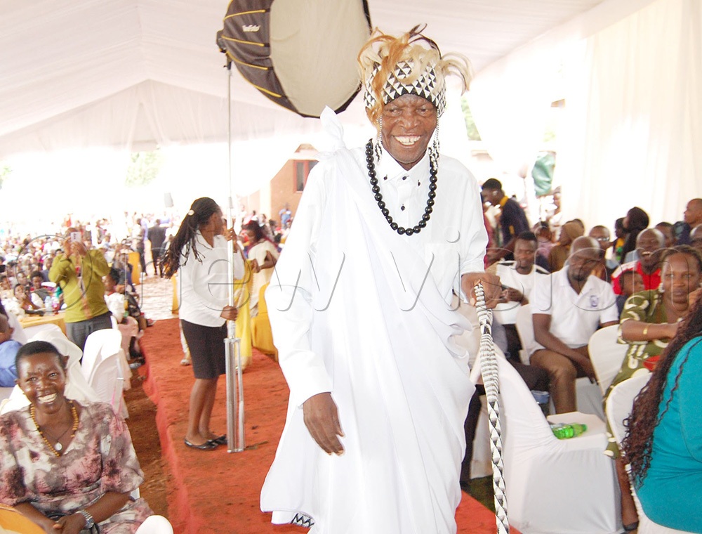 Fr. Expedito Kakuba Kapia donning traditional attire during his priestly golden jubilee function. (Photo by Mathias Mazinga)