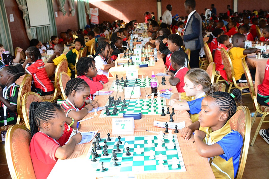 Action in the U-7 girls  category during the first round of the Africa Youth Chess Championship at the Imperial Botanical Beach Hotel, May 15, 2026. Photo by Michael Nsubuga