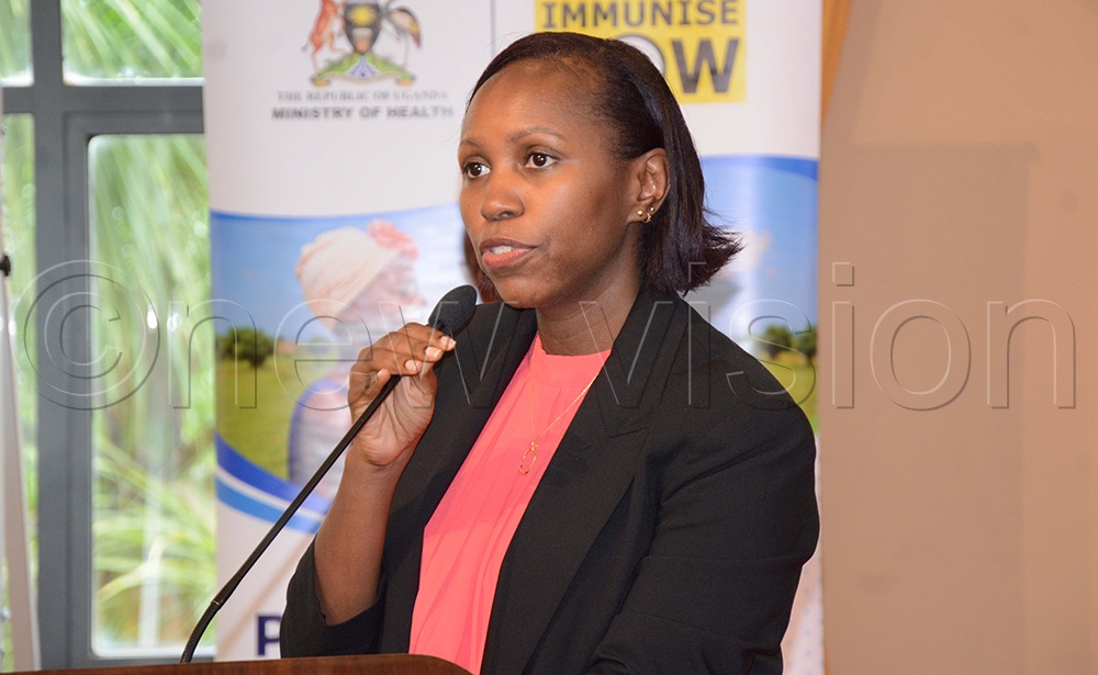 Rita Atugonza of the Vaccines and Immunisation Division at the Ministry of Health speaks during a high-level stakeholder engagement on the national measles-rubella campaign at Speke Resort Hotel on September 23, 2026. (Photo by Mary Kansiime).