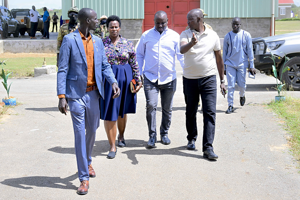 L-R: Karamoja Zonal Industrial Hub Manager Lotiang Charles, the State House Comptroller Jane Barekye, the Director of Industrial Hubs and Presidential Projects at State House Eng. Raymond Kamugisha, the Private Secretary in Charge of Political Affairs and the Youth at State House Godfrey Longa arrive for the Training. (Photo by PPU/Tony Rujuta)