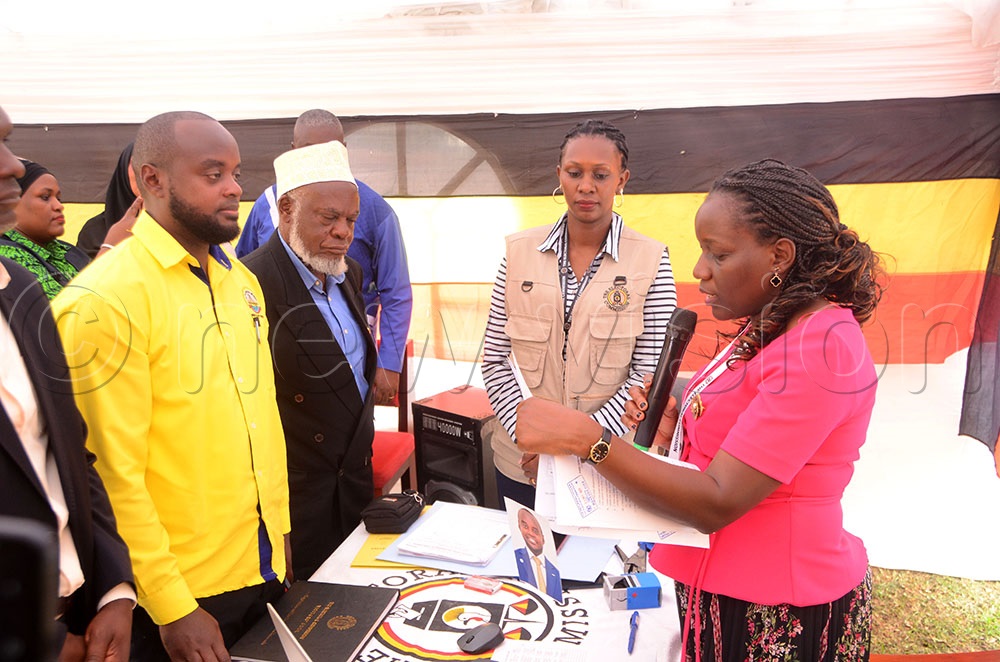 Mwine Mpaka Rwamirama (in yellow) and NRM flag bearer being nominated for Mbarara City South MP seat. (Photo by Fred Turyakira)